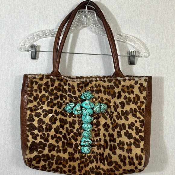kurtmen Handbags - Kurtmen genuine leather leopard print pony hair gemstone cross shoulder bag